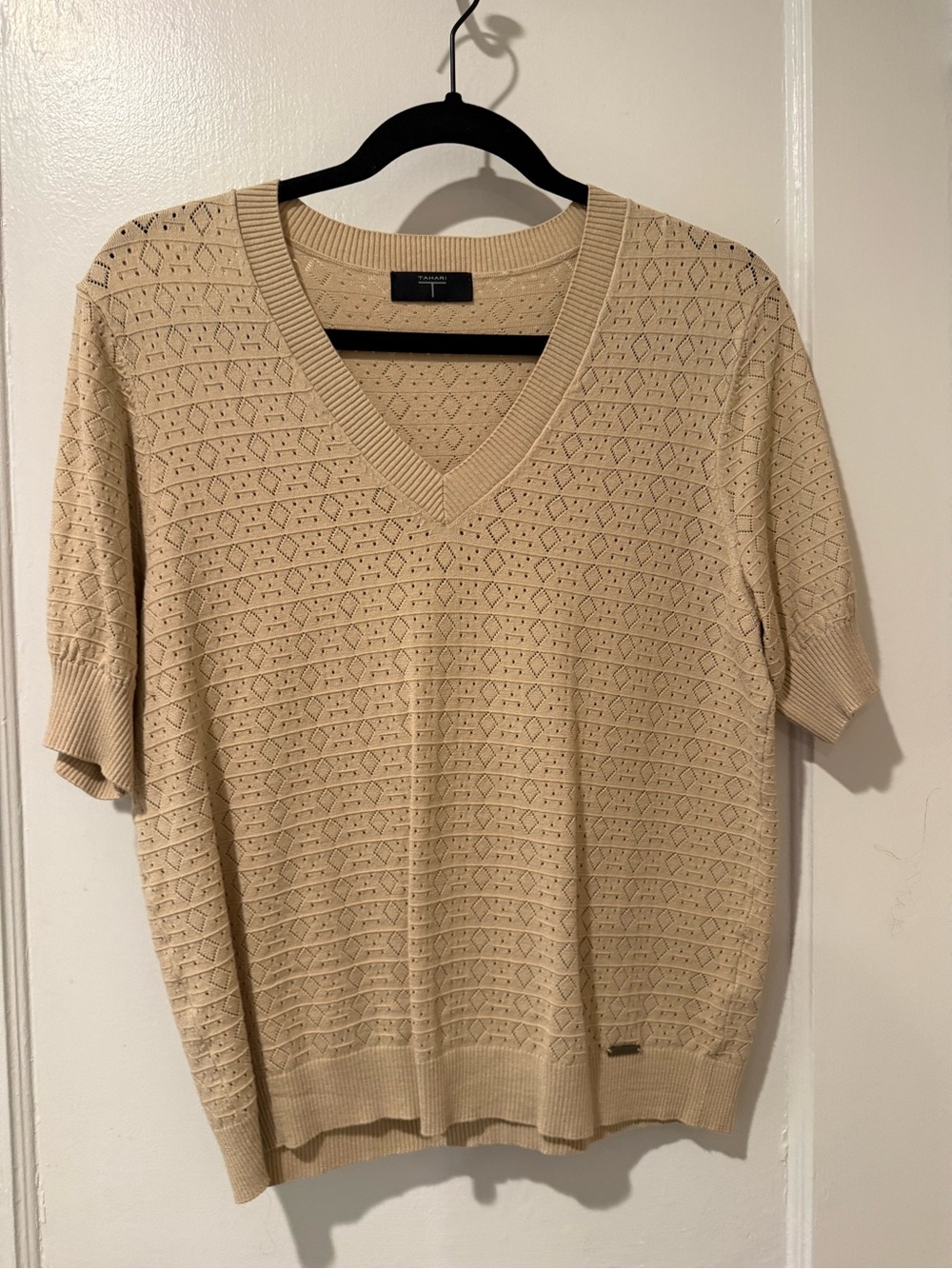 T Tahari Short Sleeve V-Neck Sweater in Beige